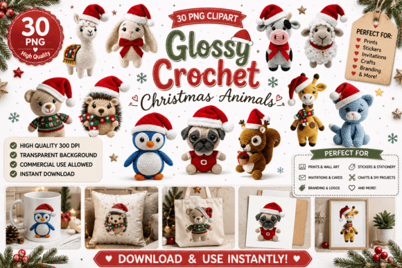 30 Glossy Crochet Christmas Animals Illustrations