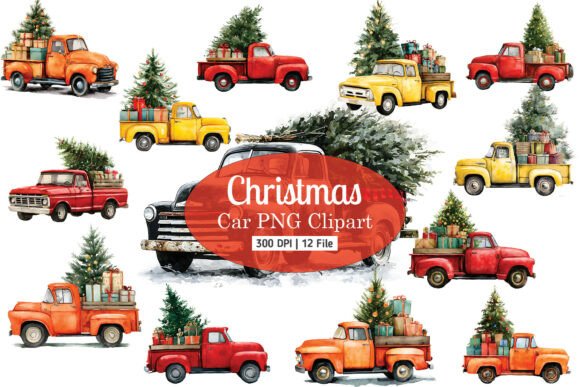 Christmas Car with Tree Clipart Bundle: Festive Illustrations