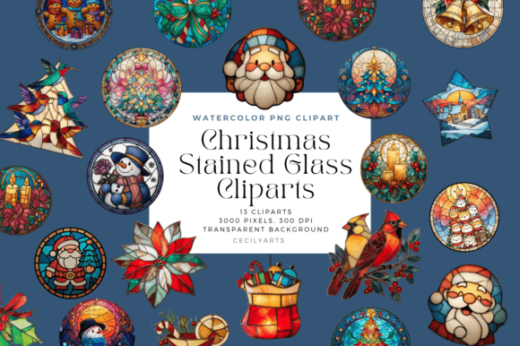 Christmas Stained Glass Cliparts: Premium Illustrations