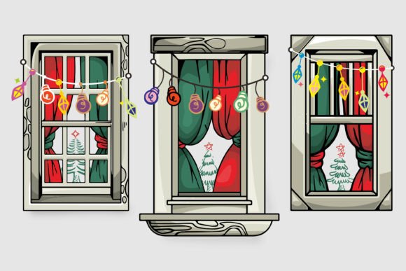 Christmas Window Scene Lanterns Illustrations