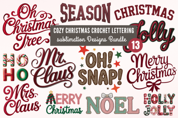 Cozy Christmas Crochet Lettering PNG Bun & Illustrations