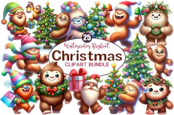 Cute Christmas Bigfoot Watercolor Clipart Illustrations