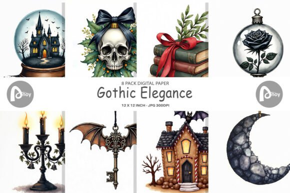 Gothic Christmas Digital Paper: Dark Illustrations