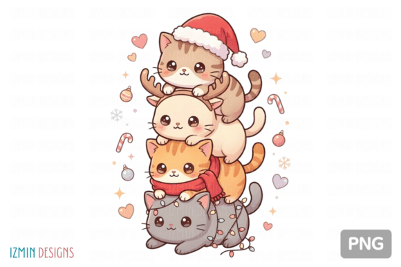 Kawaii Christmas Cat Stack: Cute Illustrations