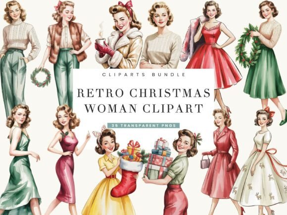 Retro Christmas Woman Clipart Bundle: Editorial Illustrations