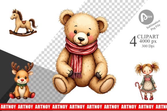 Vintage Christmas Toys Watercolor Clipart for Illustrations