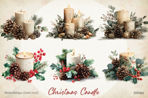 Watercolor Christmas Candle PNG Clipart Illustrations