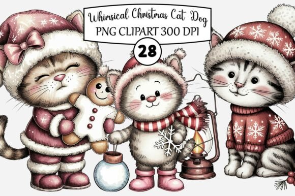 Whimsical Christmas Cat Dog Clipart for Illustrations